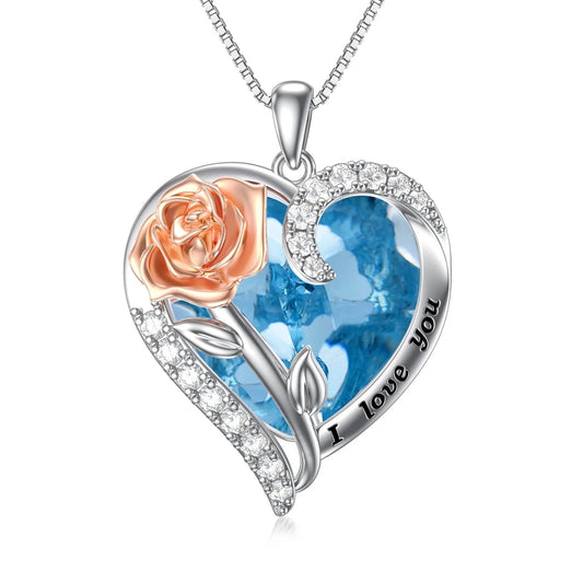 Valentine'S Day Gifts for Her Sterling Silver Rose Flower Pendant Necklaces with Heart Crystal March Birthstone Pendant Jewelry for Women Wife Sister Birthday Anniversary,Created Aquamarine