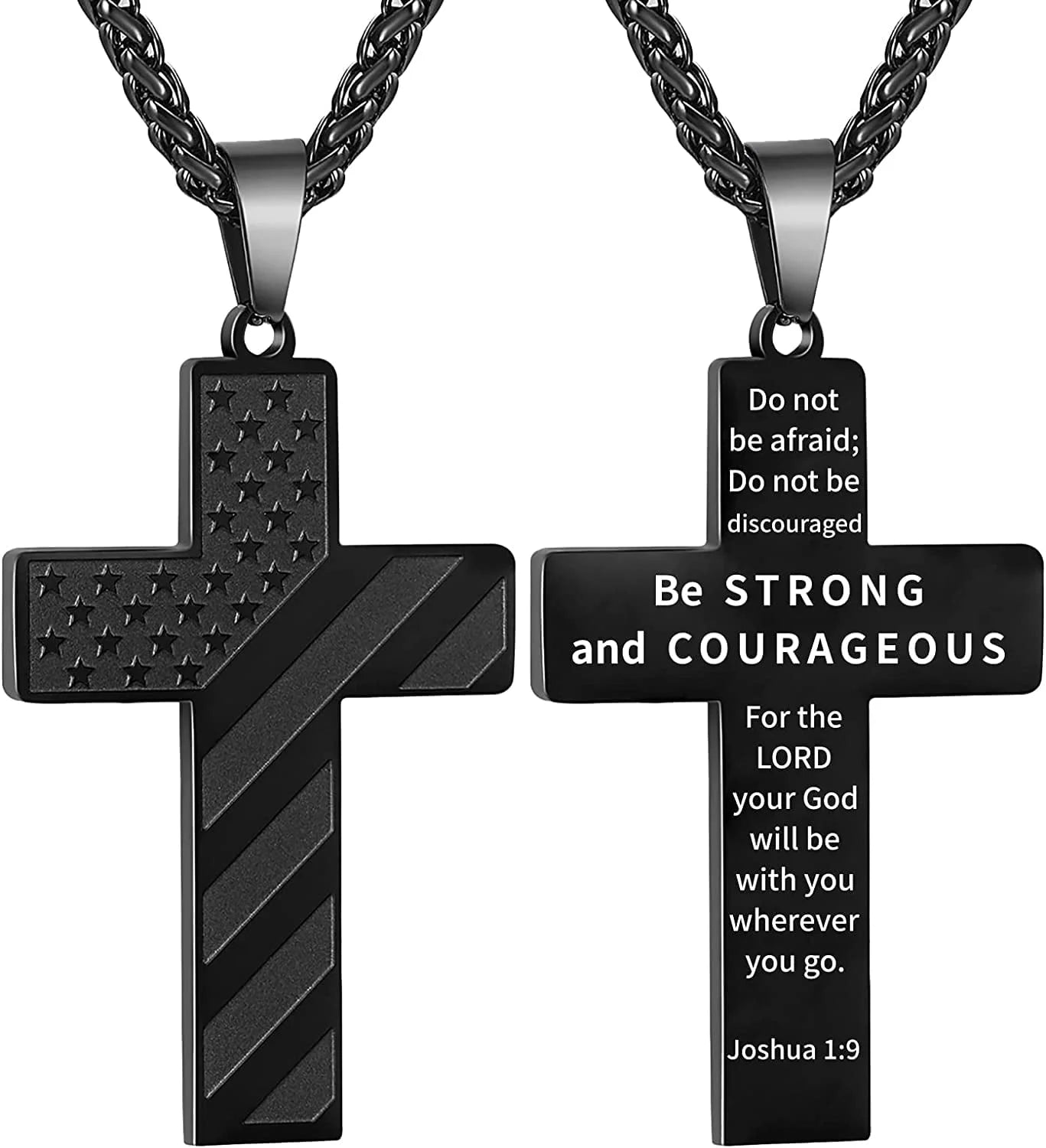 Black Cross Necklace for Men Boyfriend Son Husband Father Bible Verse Joshua 1:9 Stainless Steel USA American Flag Pendant Chain for Men Religious Valentine'S Day Jewelry Gift for Men Boyfriend