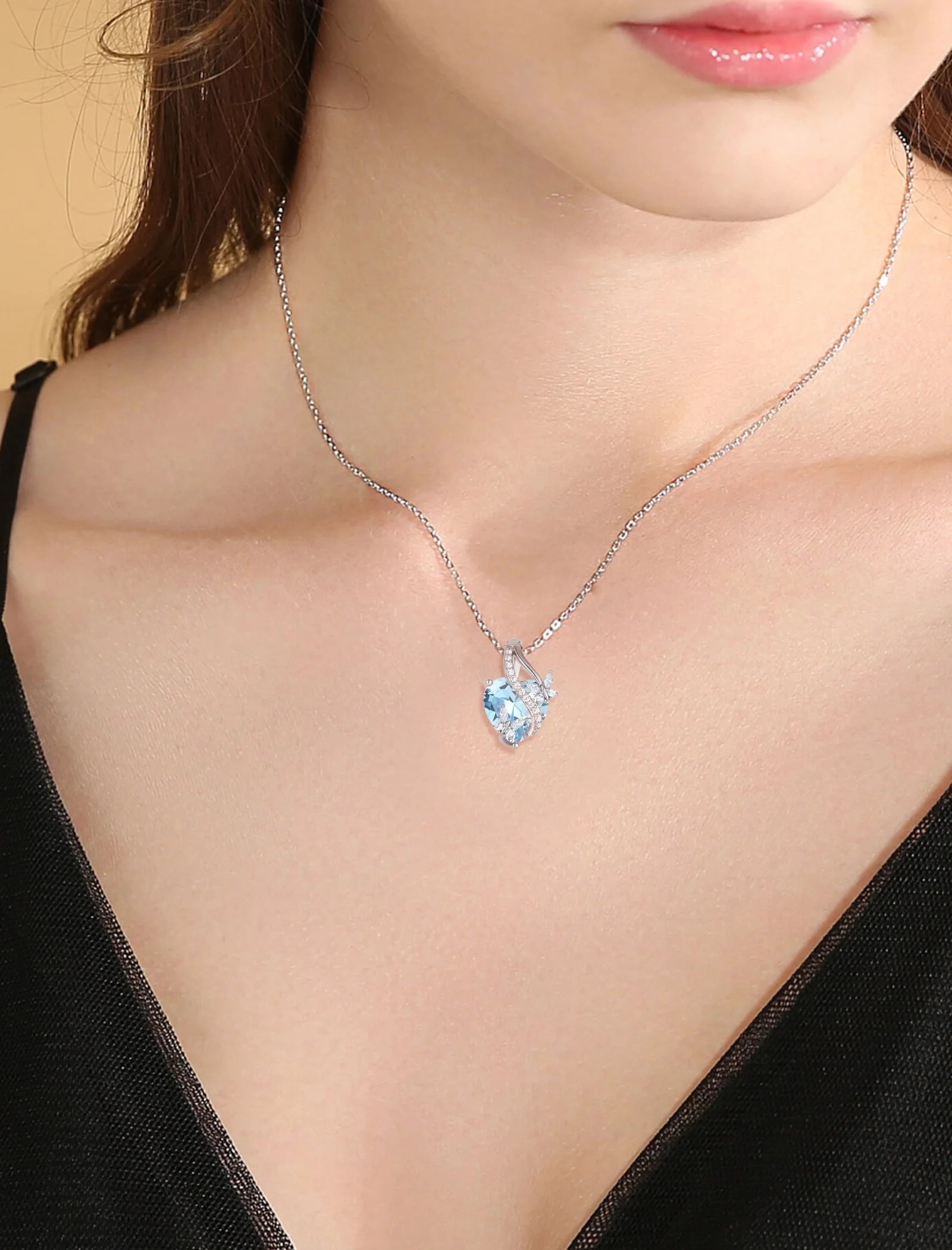 Infinite Heart Pendant Sterling Silver Butterfly Necklace for Women Jewelry Gift with Birthstone March Created Aquamarine