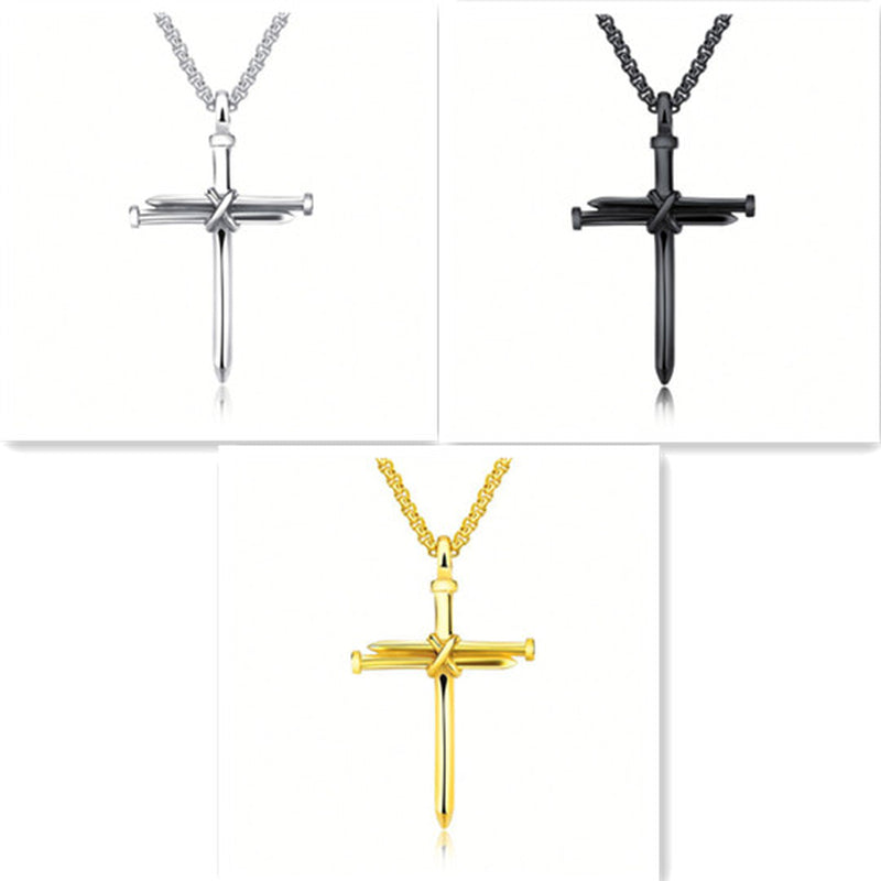 Steel Gold Black Color Fashion Mens Iron Nail Cross Pendant Necklace Stainless Steel 3Mm round Box Chain Jewelry Gift for Men