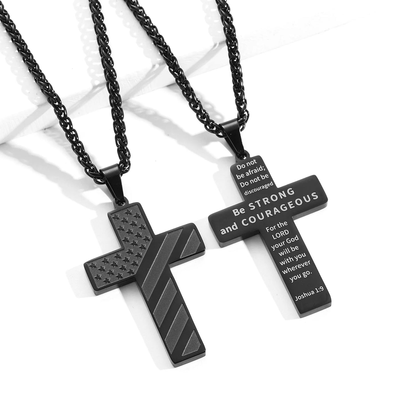 Black Cross Necklace for Men Boyfriend Son Husband Father Bible Verse Joshua 1:9 Stainless Steel USA American Flag Pendant Chain for Men Religious Valentine'S Day Jewelry Gift for Men Boyfriend