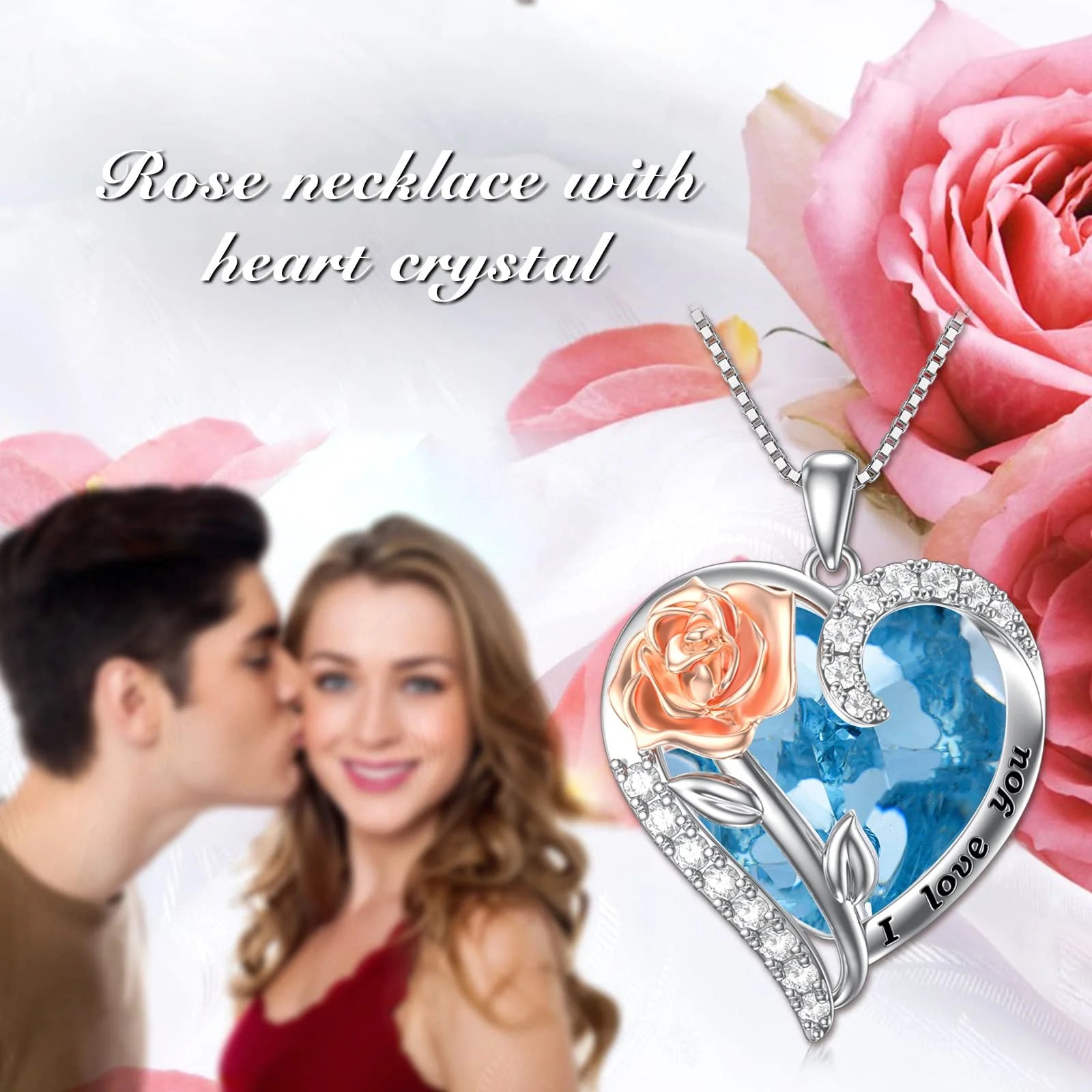 Valentine'S Day Gifts for Her Sterling Silver Rose Flower Pendant Necklaces with Heart Crystal March Birthstone Pendant Jewelry for Women Wife Sister Birthday Anniversary,Created Aquamarine