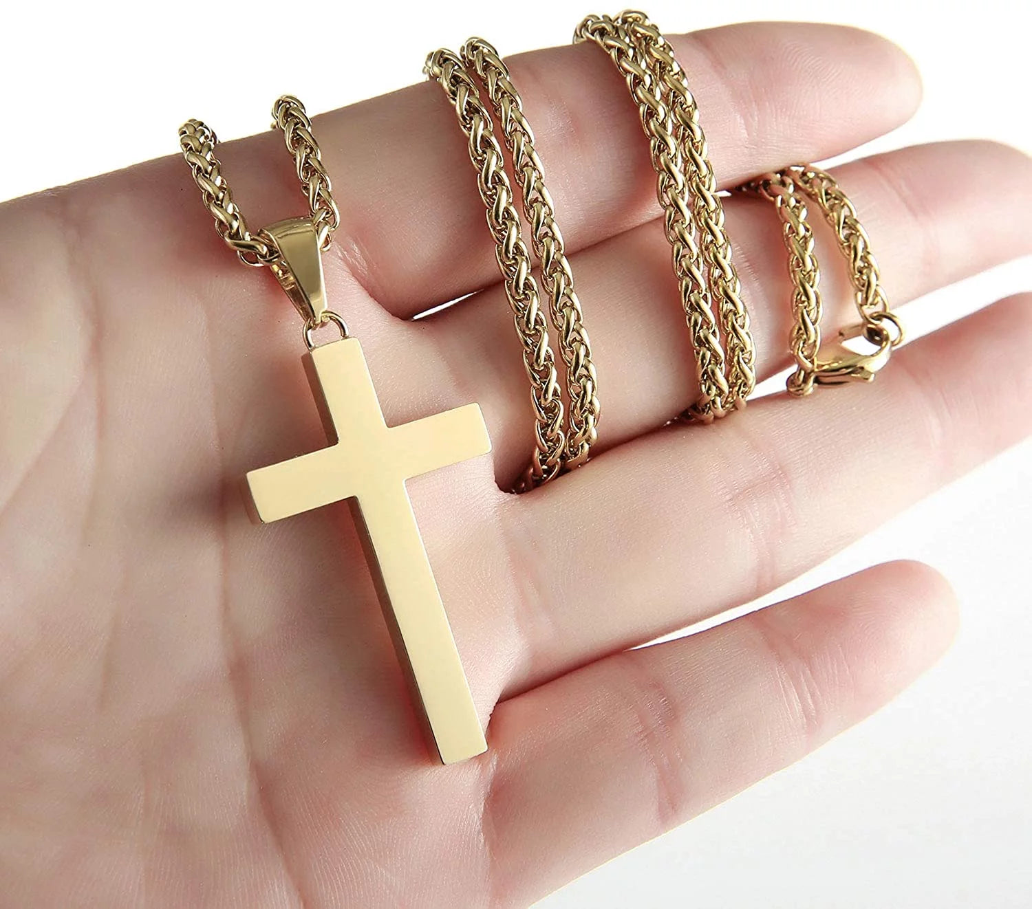 Cross Necklace for Men Stainless Steel Cross Pendant Chain , First Communion Confirmation Jewelry, Religious Gift (Gold)