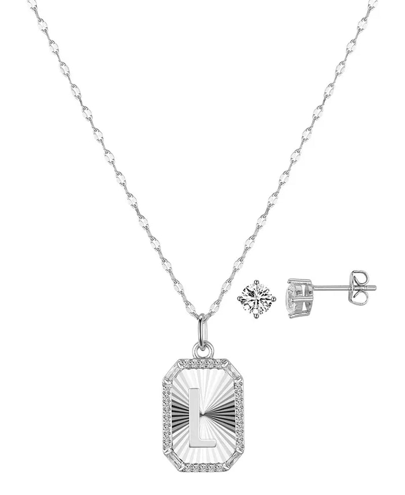 Cubic Zirconia Initial Pendant Necklace and Stud Earring Set