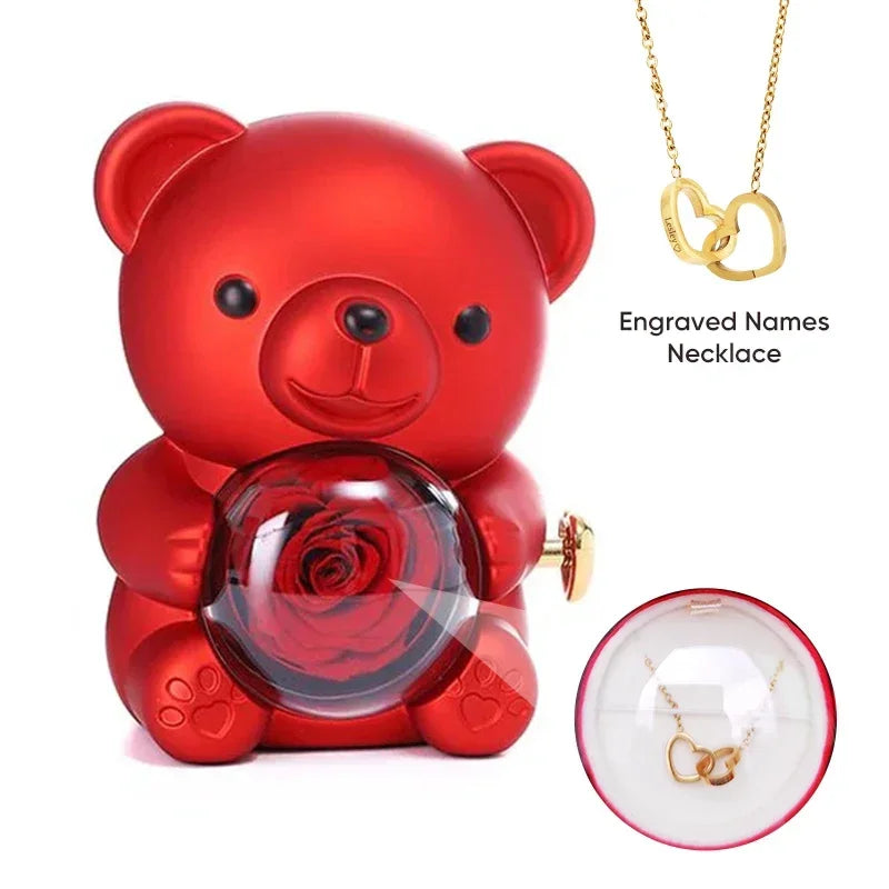 Engraved Heart Necklace with Eternal Rose Teddy Bear Rose Shaped Necklace Jewellery Gift Box Romantic Acrylic Flower Ring Locket