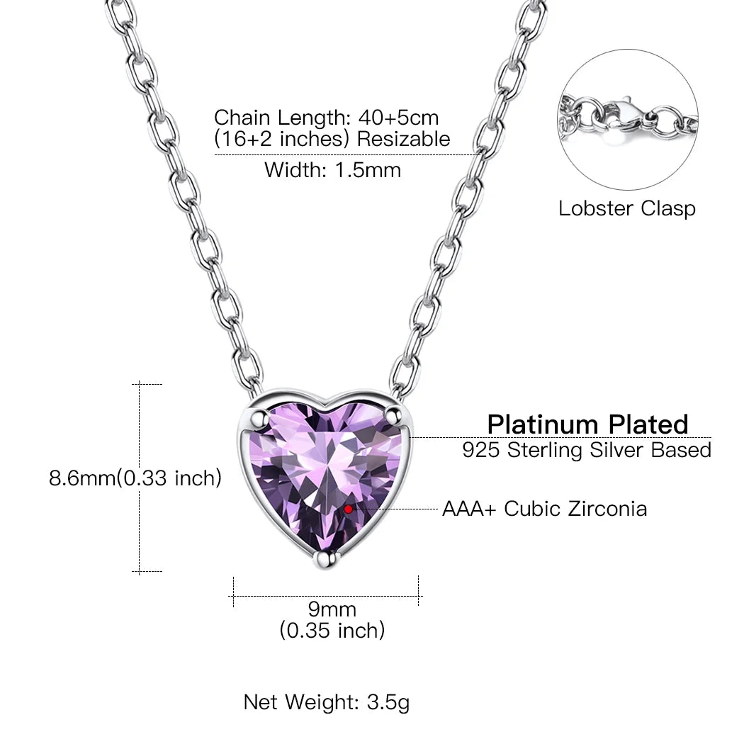 Women 925 Sterling Silver Birthstone Love Heart Necklace, Birthday Valentines Gift