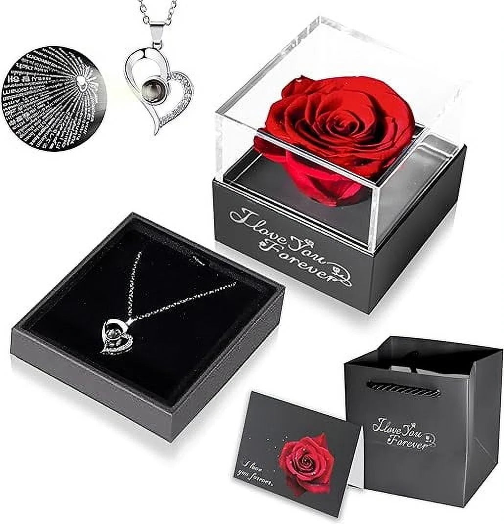 Eternal Rose Gift Bag with I Love You Necklace for Her, Red